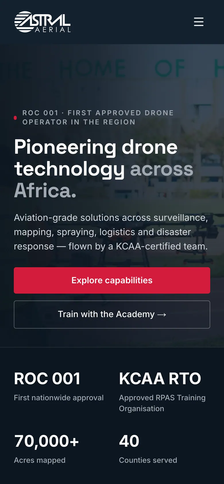 Astral Aerial Solutions website on a phone