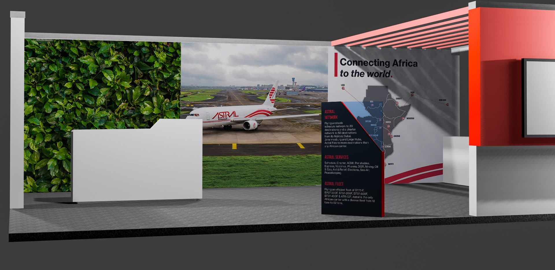 Astral Aviation anniversary stand with a living green wall, runway backdrop, 'Connecting Africa to the world' map and red canopy