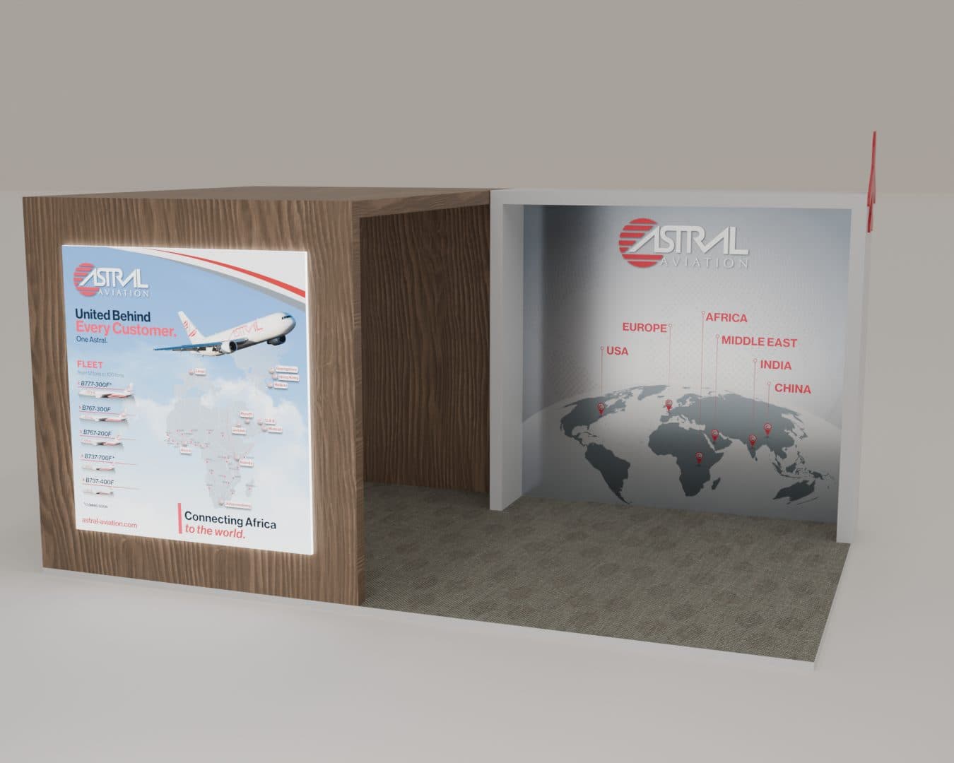Two-part Astral Aviation stand: a timber-clad cube with a backlit fleet panel beside an open booth with a world route map
