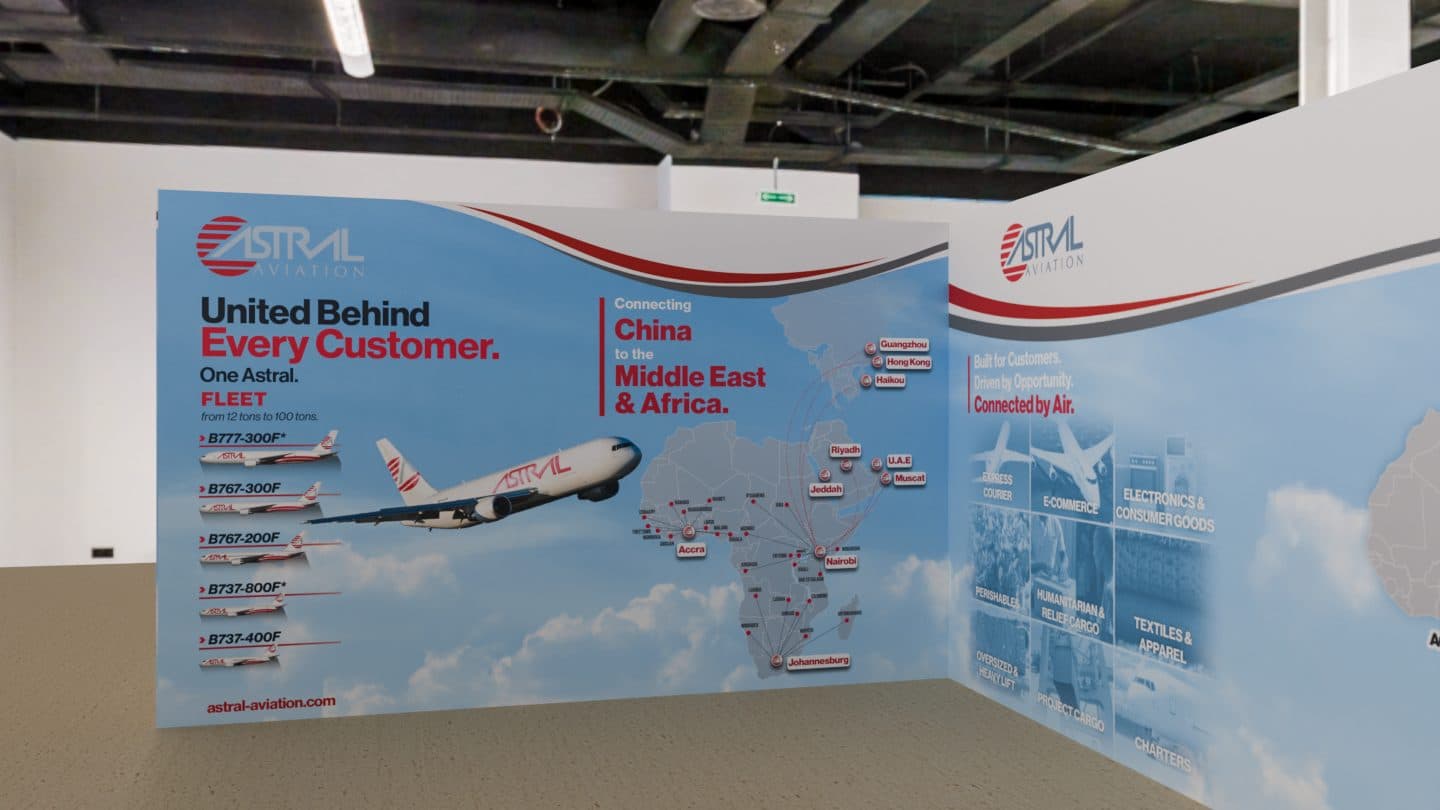 Astral Aviation wall connecting China to the Middle East and Africa, with fleet line-up and route map
