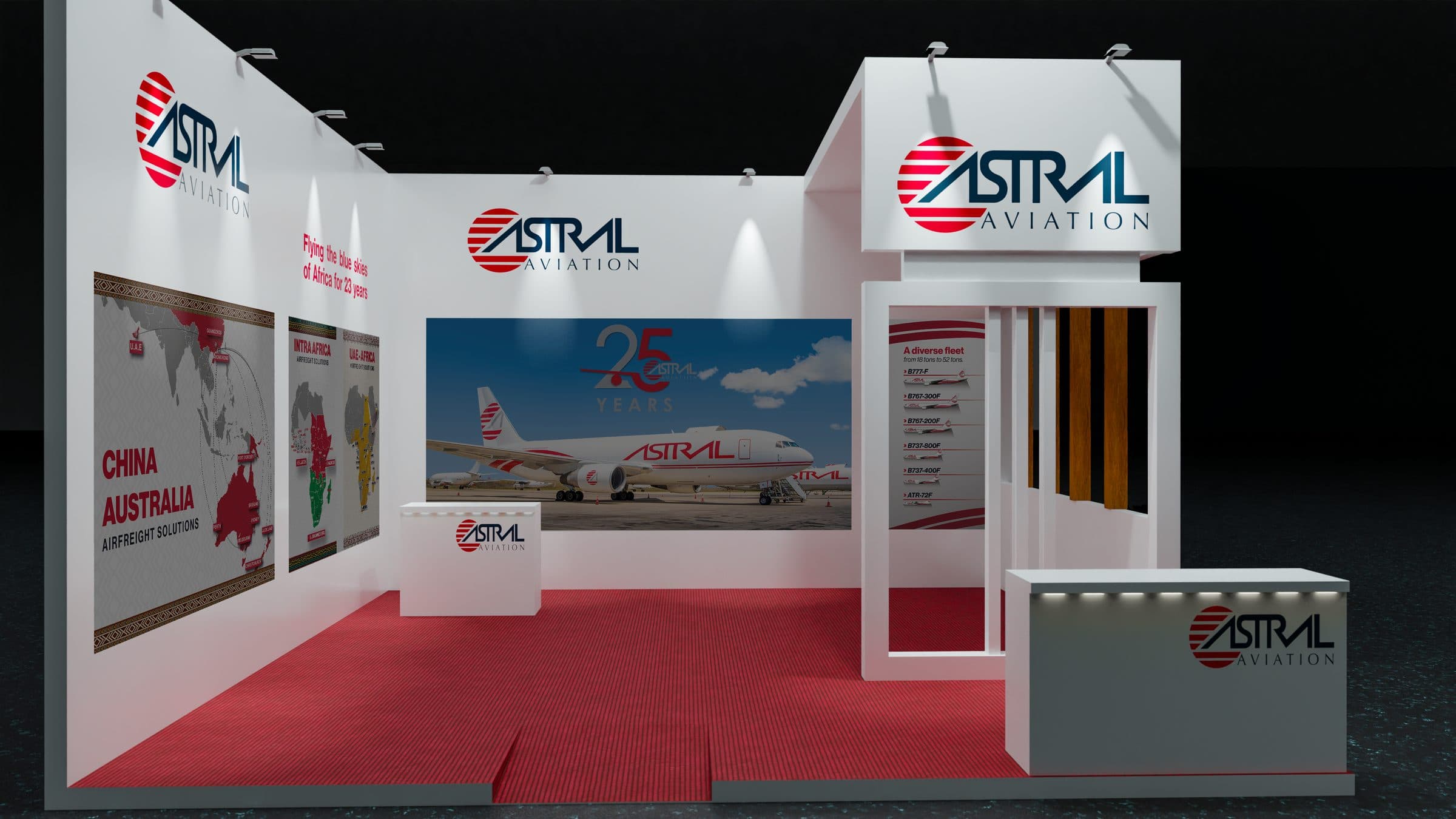 Front view of Astral Aviation's 25th-anniversary stand with red carpet, route map walls and a raised branded tower