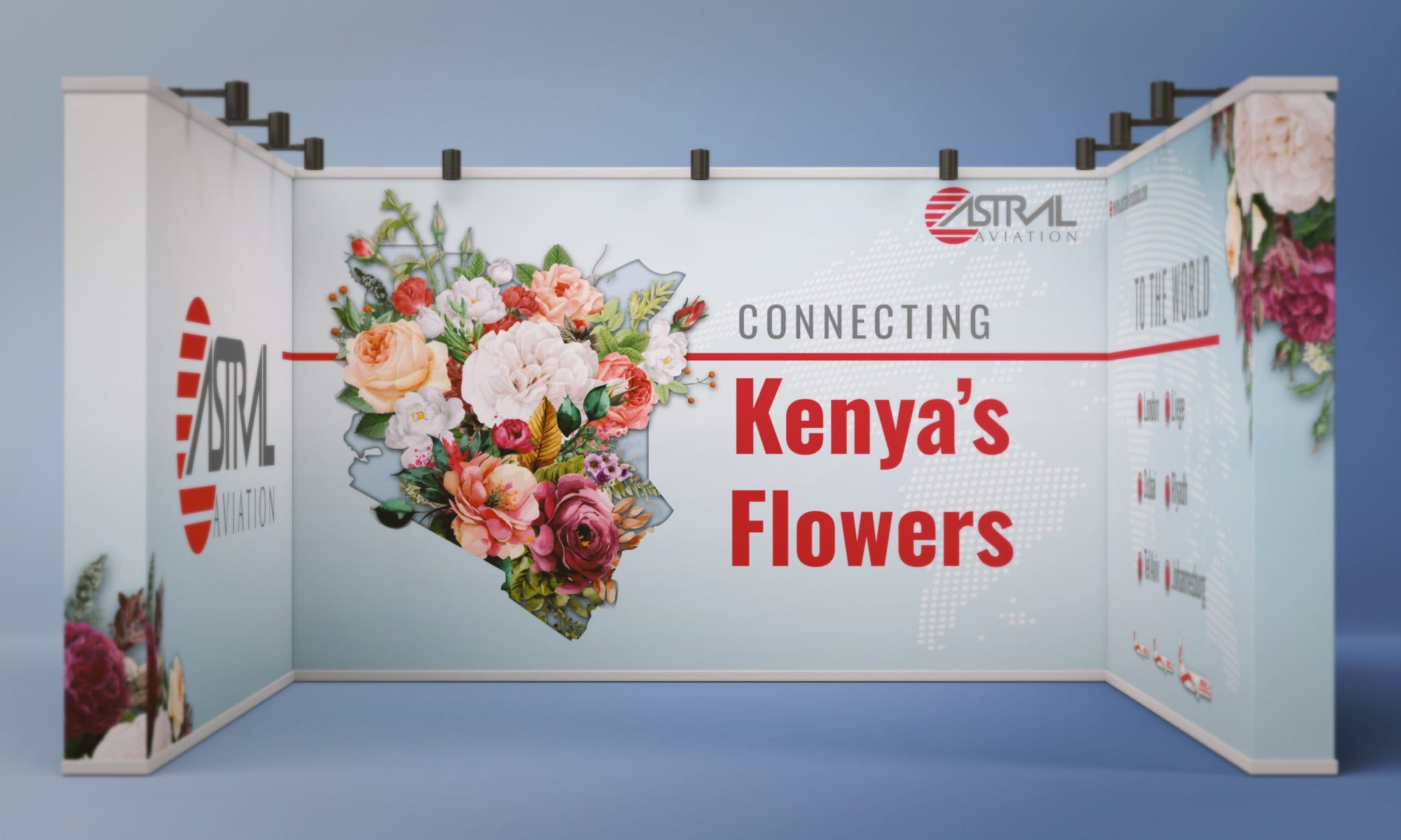 U-shaped Astral Aviation stand themed 'Connecting Kenya's Flowers' with a floral map of Kenya