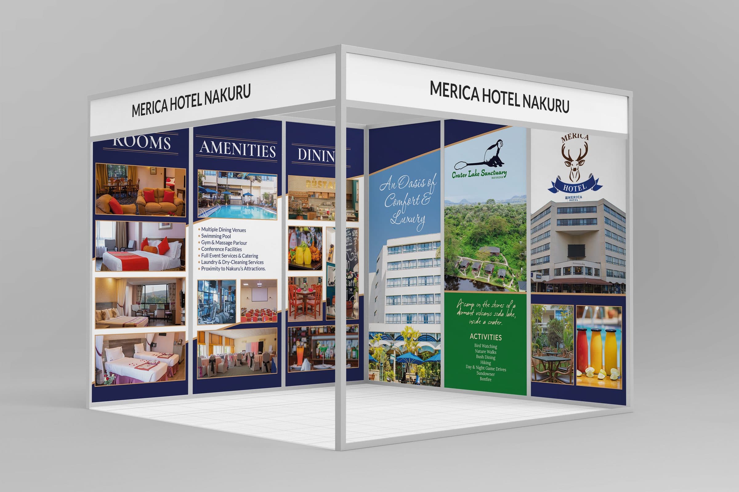 Merica Hotel Nakuru corner stand with Rooms, Amenities and Dining panels and a Crater Lake Sanctuary feature