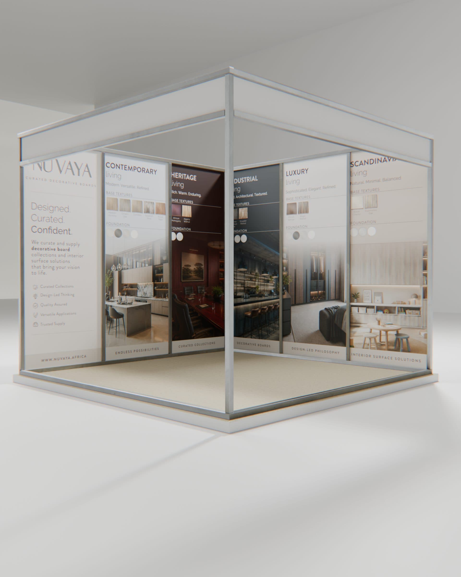 Nuvaya corner stand lined with tall panels presenting decorative board collections by interior style