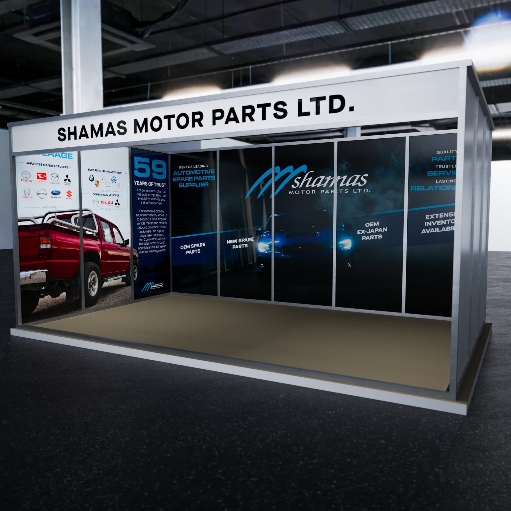 Shamas Motor Parts stand with a branded fascia, dark back wall featuring a blue-lit car, and a vehicle coverage wall